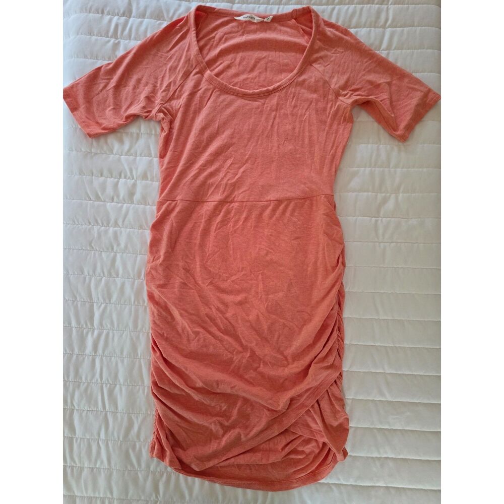 Athleta Womens Coral Peach Short Sleeve Ruched Bodycon Tulip Hem Dress Size M